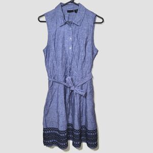 Tahari Linen Blue Embroidered Sleeveless Shirt Dress 4